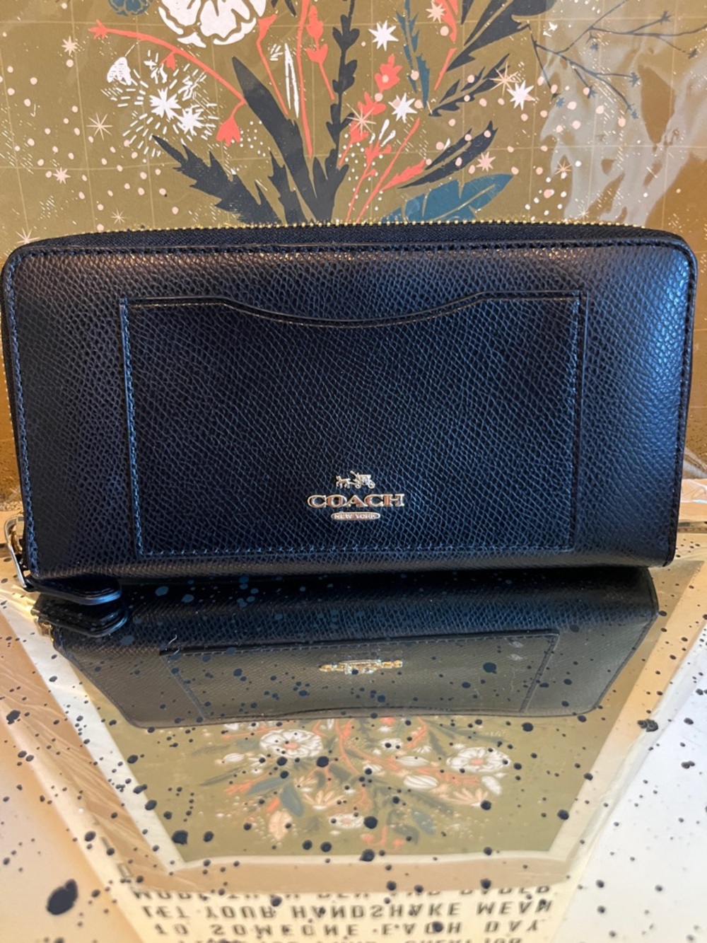 EUC Coach Black Saffiano Leather Zip Wallet with Gold Logo - Picture 1 of 8